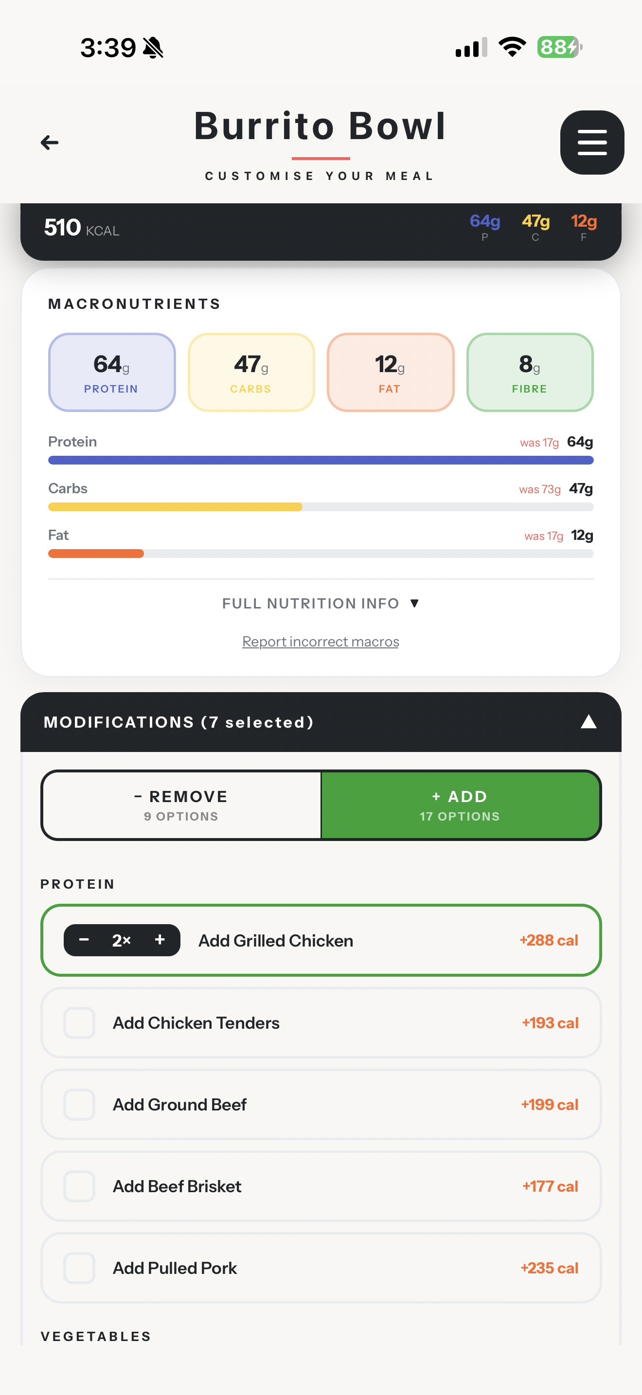 UNBUNNED customise screen: Burrito Bowl with live macro recalculation and add/remove options
