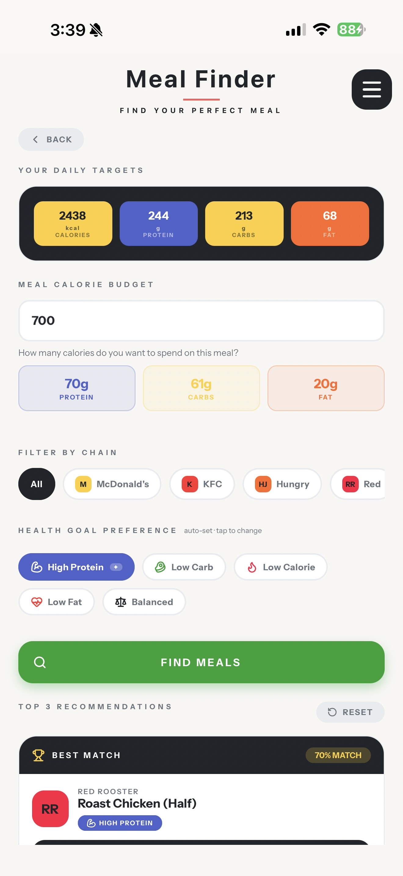 UNBUNNED Meal Finder screen: daily targets, calorie budget and best-match recommendations